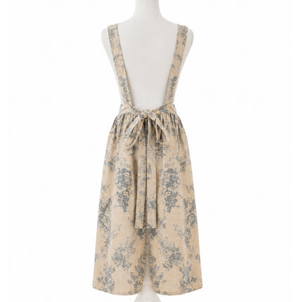 Vintage Floral Linen Cotton Blend Apron Dress with Pockets & Adjustable Shoulder Straps - Kitchen Aprons