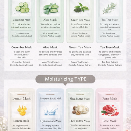 FOODAHOLIC Korean Facial Skincare Sheet Masks (10-Pack) - "Nature Skin Mask" - 16 Types - Made in Korea