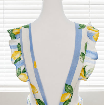 Coastal Lemon Ruffle Apron Dress with Pockets & Back Tie (Golaga Exclusive) - Blue Lemon Stripe Kitchen Aprons