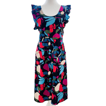 Midnight Botanical Ruffle Apron Dress with Pockets & Back Tie (Golaga Exclusive) - Black Multicolor Kitchen Aprons