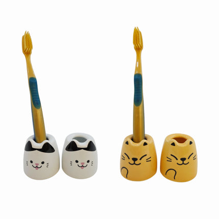 Home Art Ceramic Cat Toothbrush Holders – 2pc Set (White or Yellow)