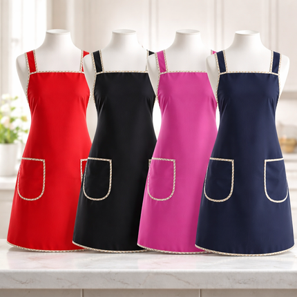 Waterproof Kitchen Apron with Plaid Trim (4 Colors: Red, Black, Pink, Navy)