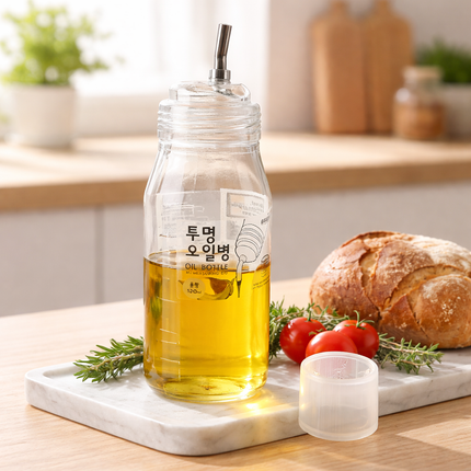 Kaizen Clear Oil Bottle With Measuring Lid (520 ml - Stainless Steel Spout)