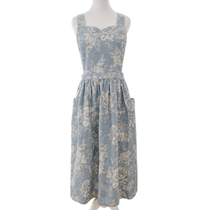 Vintage Floral Linen Cotton Blend Apron Dress with Pockets & Adjustable Shoulder Straps - Kitchen Aprons
