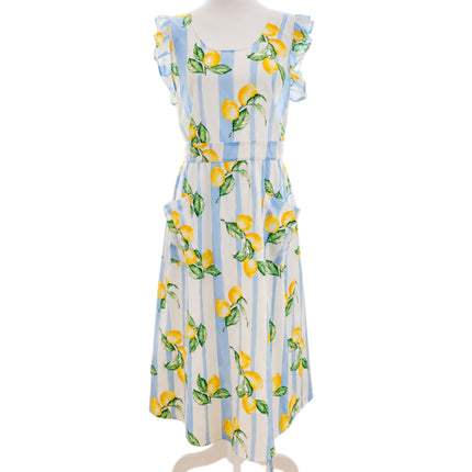 Coastal Lemon Ruffle Apron Dress with Pockets & Back Tie (Golaga Exclusive) - Blue Lemon Stripe Kitchen Aprons