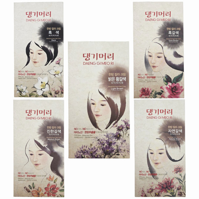 Daeng Gi Meo Ri Medicinal Herb Hair Color Cream Set (5 Colors) - Gray Hair Coverage Kit with Brush, Gloves & Accessories - Hair Dye Set - Made in Korea
