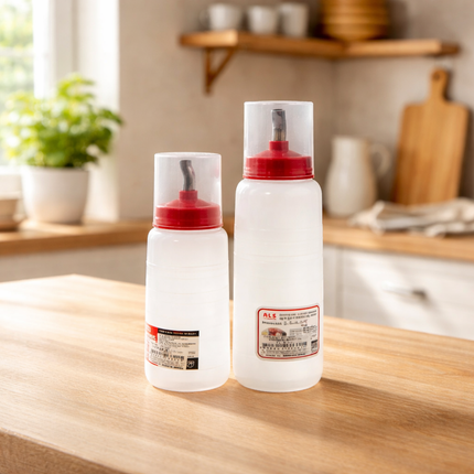 ALS Wide Spout Sauce Bottles W/ Measuring Lid - Made in Korea (Stainless Steel Spout - 2 Sizes)