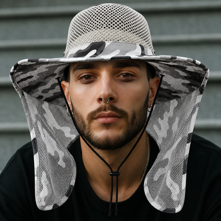 Camouflage Safari Mesh Sun Hat – Wide Brim Sun Hat with Mesh Neck Guard, Breathable Mesh Crown & Adjustable Chin Cord (4 Colors)
