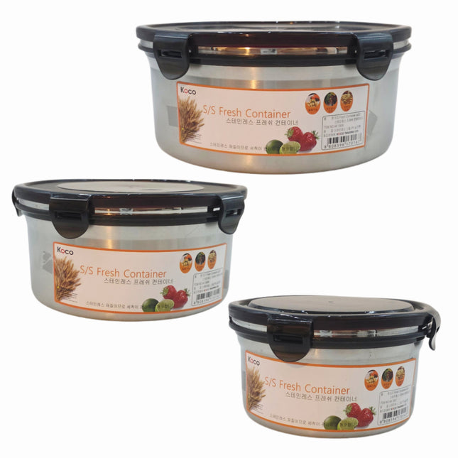 Koco Stainless Steel Fresh Airtight Food Storage Containers (3 Sizes) – 4-Lock Leakproof Lid – Silicone Seal – Kitchen Storage Bowls