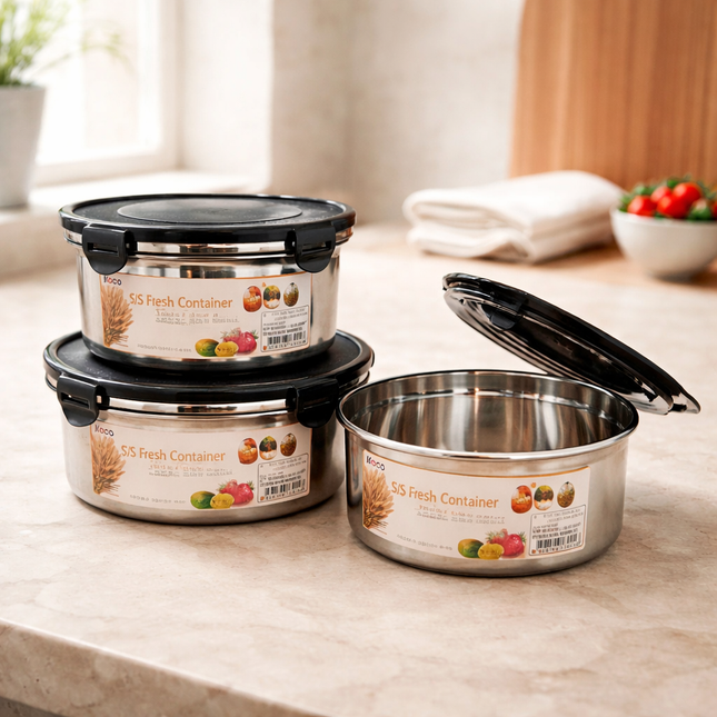 Koco Stainless Steel Fresh Airtight Food Storage Containers (3 Sizes) – 4-Lock Leakproof Lid – Silicone Seal – Kitchen Storage Bowls