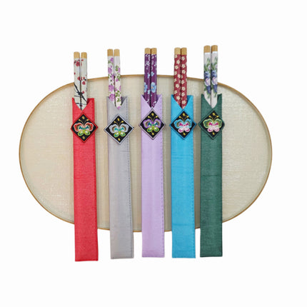Traditional Korean Wooden Chopsticks Set with Embroidered Fabric Sleeves (5 Pairs, 10") - Made in Korea