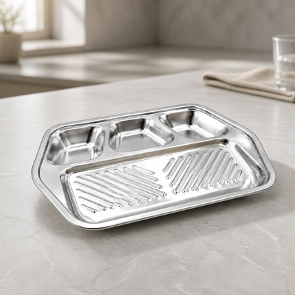 Stainless Steel Korean BBQ Serving Tray Plate, 9" x 6.5" x 1" (5 Compartment)
