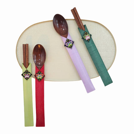 Traditional Korean Wooden Spoon & Chopsticks Set with Embroidered Fabric Sleeves (2 Spoons, 2 Pairs of Chopsticks, 10") - Made in Korea