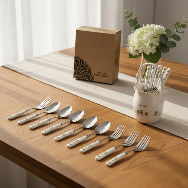 Golden Bell “Remember” Ceramic Utensil Holder (Large) W/ 5 Stainless Steel Fruit Forks & 5 Teaspoons – Made in Korea