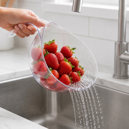 Kaizen Clear Vegetable Washing & Straining Bowl with Handle - 7.75" Diameter - All-in-One Rinse & Drain Bowl