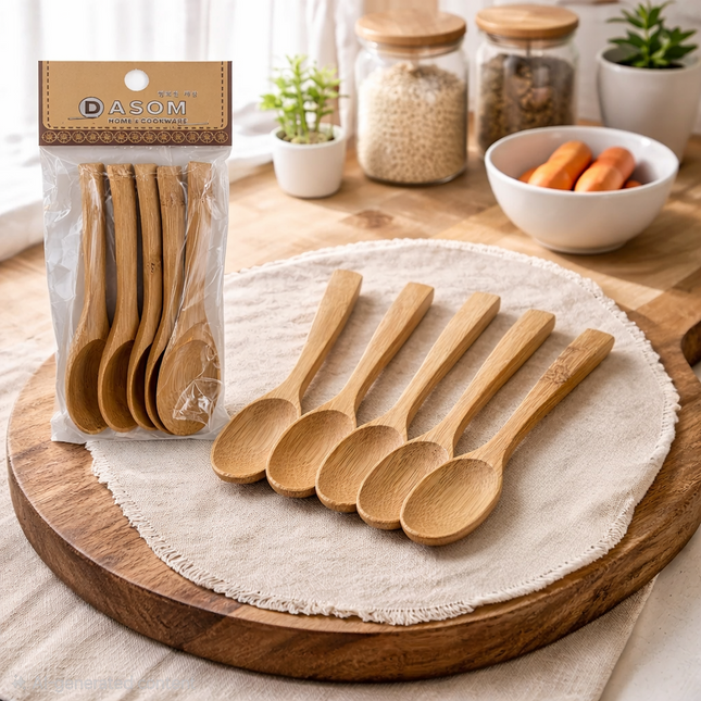 DASOM Bamboo Tea Spoons 5-Piece Set - 5.1 in (13 cm) Mini Wooden Spoons