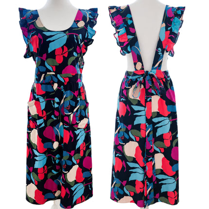 Midnight Botanical Ruffle Apron Dress with Pockets & Back Tie (Golaga Exclusive) - Black Multicolor Kitchen Aprons