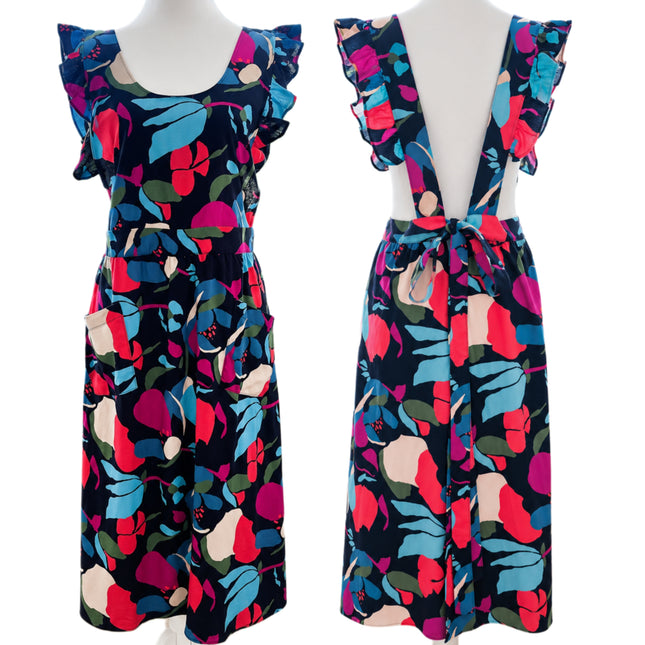 Midnight Botanical Ruffle Apron Dress with Pockets & Back Tie (Golaga Exclusive) - Black Multicolor Kitchen Aprons