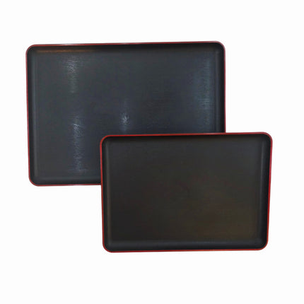 Japanese-Style Melamine Serving Tray – Black with Wood-Grain Finish & Red Rim - 2 Sizes (Small & Large)