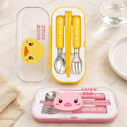 Kaizen Kids Spoon Fork Chopstick Set with Case (2 Colors) - Children's Travel Utensil Set