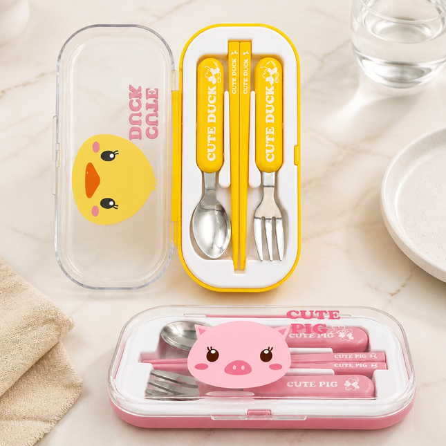 Kaizen Kids Spoon Fork Chopstick Set with Case (2 Colors) - Children's Travel Utensil Set
