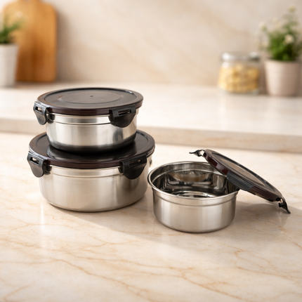Home Art Stainless Steel Airtight Food Storage Containers (3 Sizes) – 4-Lock Leakproof Lid – Silicone Seal – Compact Kitchen Storage Bowls