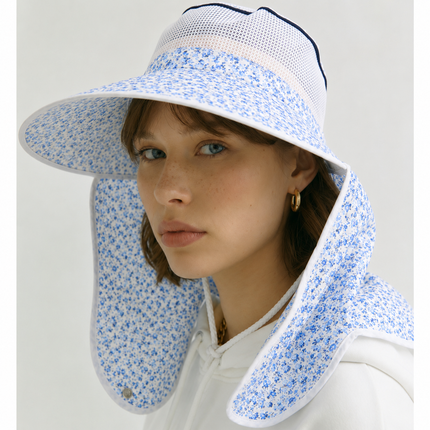 Floral Mesh Sun Cap – Wide Brim Sun Hat with Full Neck Coverage, Adjustable Chin Strap, Stretch Fit (4 Colors)