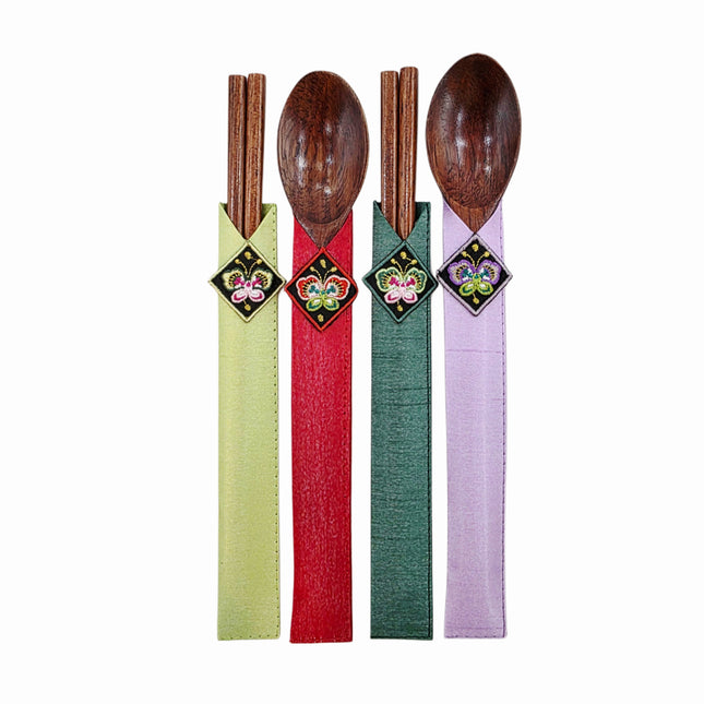 Traditional Korean Wooden Spoon & Chopsticks Set with Embroidered Fabric Sleeves (2 Spoons, 2 Pairs of Chopsticks, 10") - Made in Korea