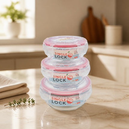KBIG STORE Single Lock Round Borosilicate Glass Food Storage Container (3 Sizes) – BPA Free – Oven & Microwave Safe
