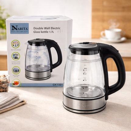 Narita Double Wall Glass Electric Kettle with Blue LED (1.7L) – Cordless Electric Kettle with 360° Rotating Power Base - Stainless Trim