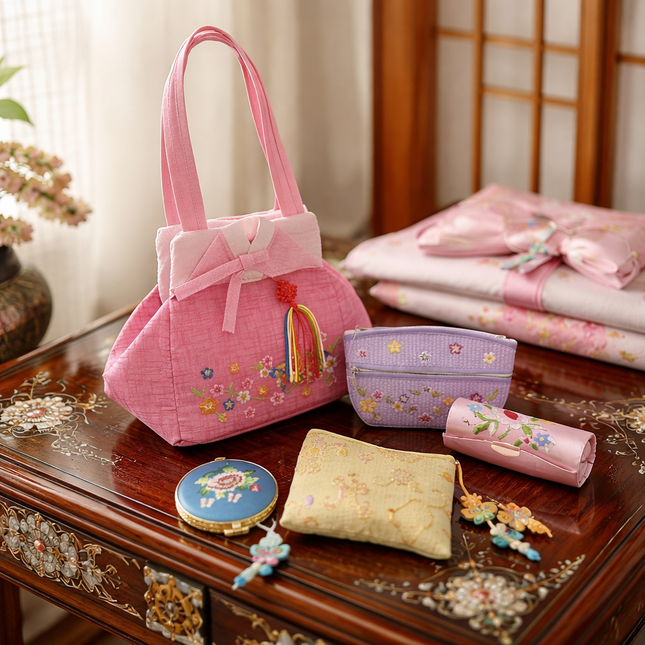 Traditional Korean Embroidered Hanbok Bag & Accessories – 6-Piece Gift Set (Made in Korea)