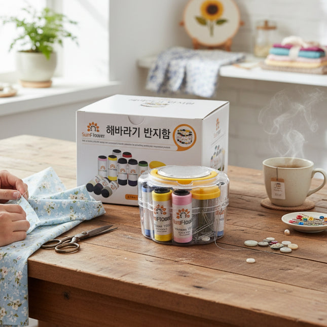 "SunFlower" Portable Sewing Kit – 19-Piece Thread & Repair Set W/ Durable See-Thru Case & Carrying Handle - Made in Korea