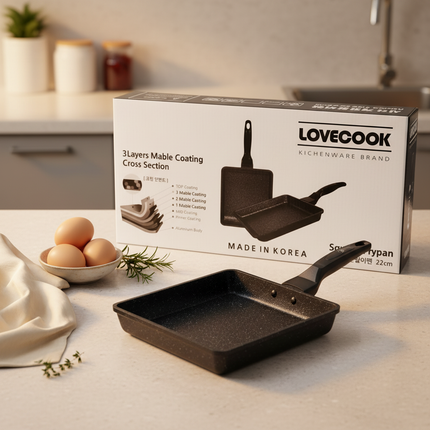 Lovecook 22cm Marble Coated Square Fry Pan - Made in Korea