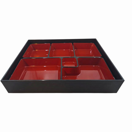 Japanese-Style 2-Piece 6-Section Melamine Serving Tray – Made in Japan - Wood Grain Base - Red & Black Bento Plate (11.75″ x 9.5″)