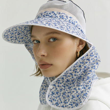 Floral Mesh Sun Cap – Wide Brim Sun Hat with Full Neck Coverage, Adjustable Chin Strap, Stretch Fit (4 Colors)