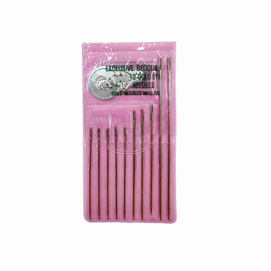 11pc Hand Sewing Needle Set - 10 Gold Color Eye Needles (5 x 2", 3 x 2.25", 2 x 3.5") & 1 Coin Style Needle Threader W/ Wire Loop - Made in Korea