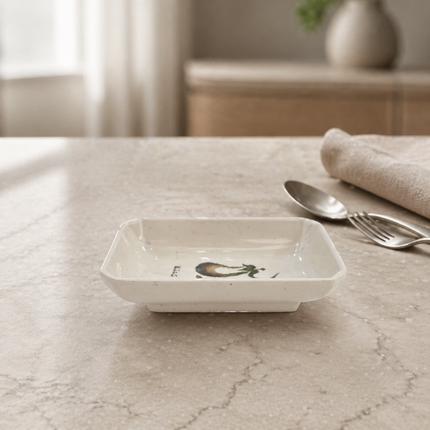 Traditional Eggplant Motif Rectangular Melamine Sauce Dish with Raised Base - 3.7" × 2.4" - Made in Taiwan