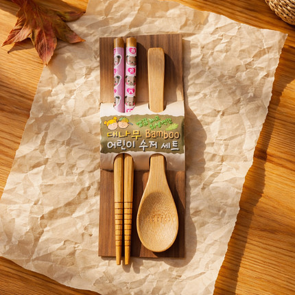 Children's Bamboo Spoon & Chopsticks Set - 7 inch Chopsticks, 6.25 inch Spoon - Pink Bear Design