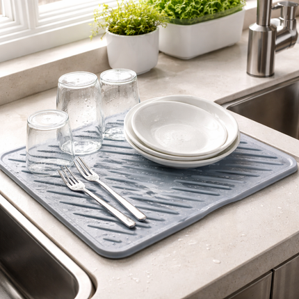 Silicone Dish Drying Mat (15.75 x 12.25 in / 40 x 31 cm) - Non-Slip Waterproof Kitchen Drying Mat (Ivory or Gray)