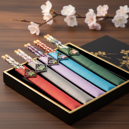 Traditional Korean Wooden Chopsticks Set with Embroidered Fabric Sleeves (5 Pairs, 10") - Made in Korea