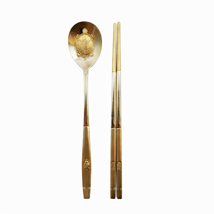 Longevity Turtle Gold Korean Spoon & Chopstick Couple Gift Set (“Sujeo”) – SUS304 Stainless Steel – Made in Korea