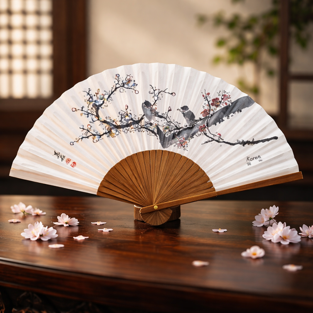 Traditional Korean Minseok Folding Paper Fan - Beautiful Birds In Tree Design