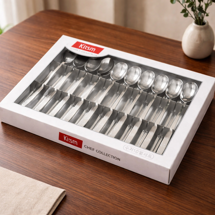 Kitsm Korean Stainless Steel Spoon & Chopsticks Set (10 Person Set) - Leaf Design Handle - Made in Korea